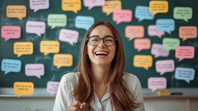 Happy teacher with positive feedback bubbles in the background